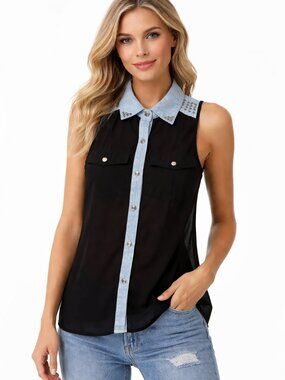 2B Bebe Sleeveless Sheer Blouse Studded Denim Collar Black Size XS